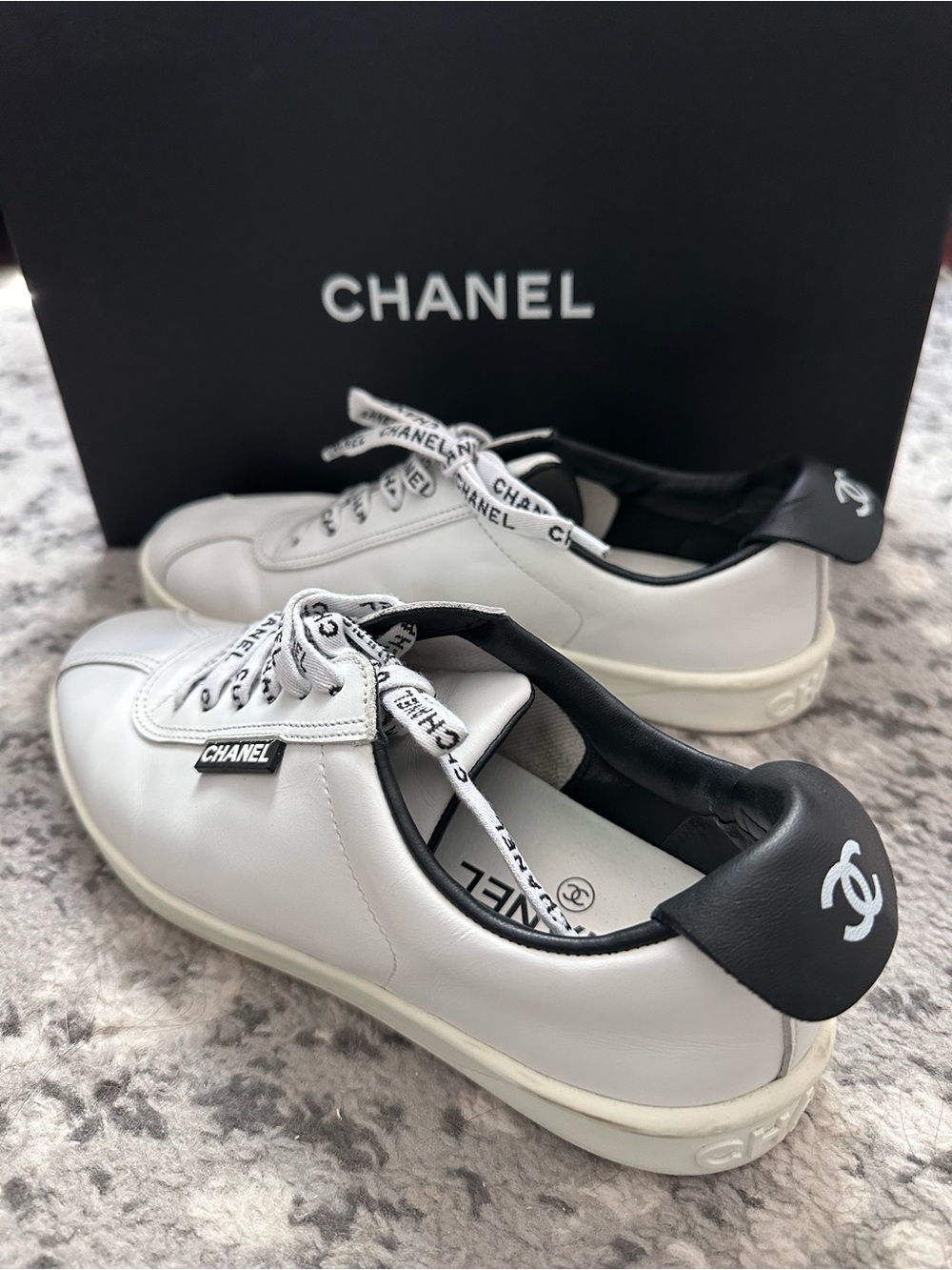 CHANEL Black & White Leather Logo Sneakers
